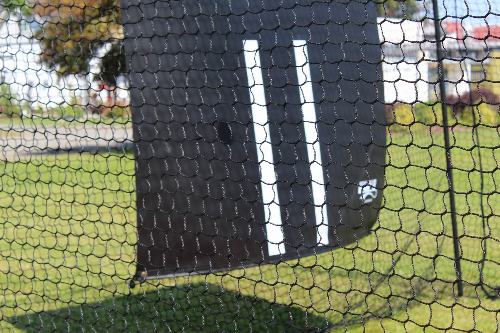 Vinyl backdrop inside the trapezoid batting cage
