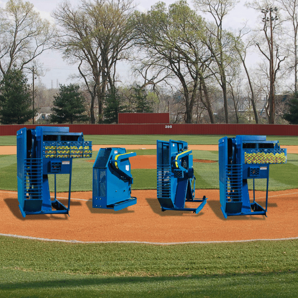 All four iron mike pitching machines in a baseball infield