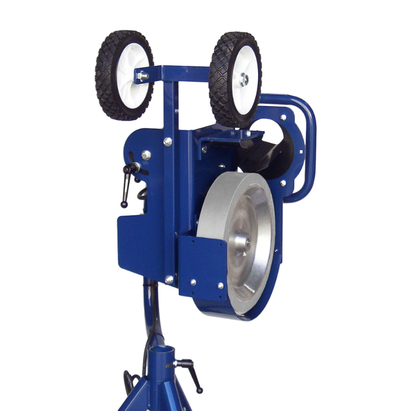 Bata B1 Curveball pitching machine with the transport kit attached