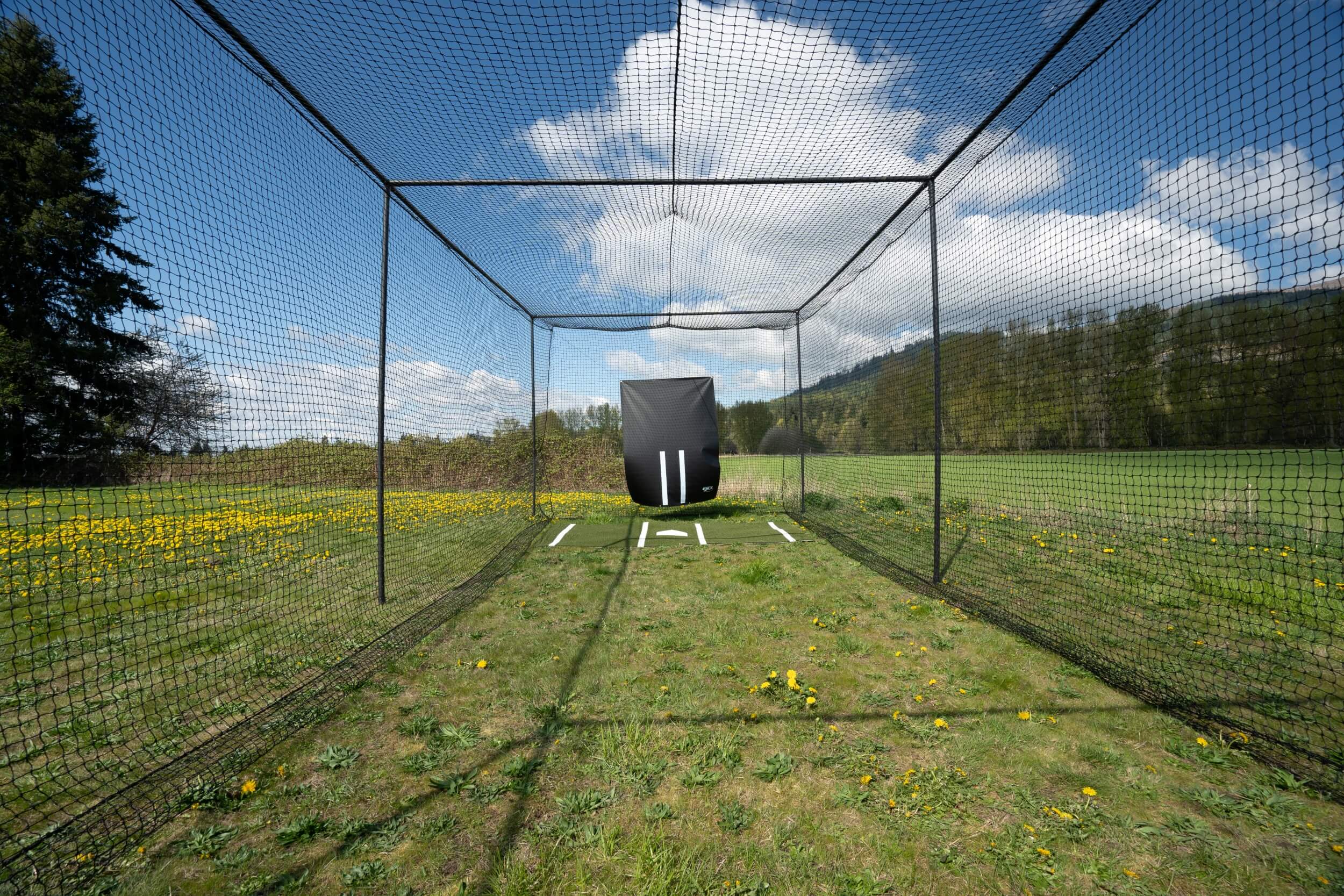 inside the thumper batting cage with vinyl backdrop on other end with grass and hills