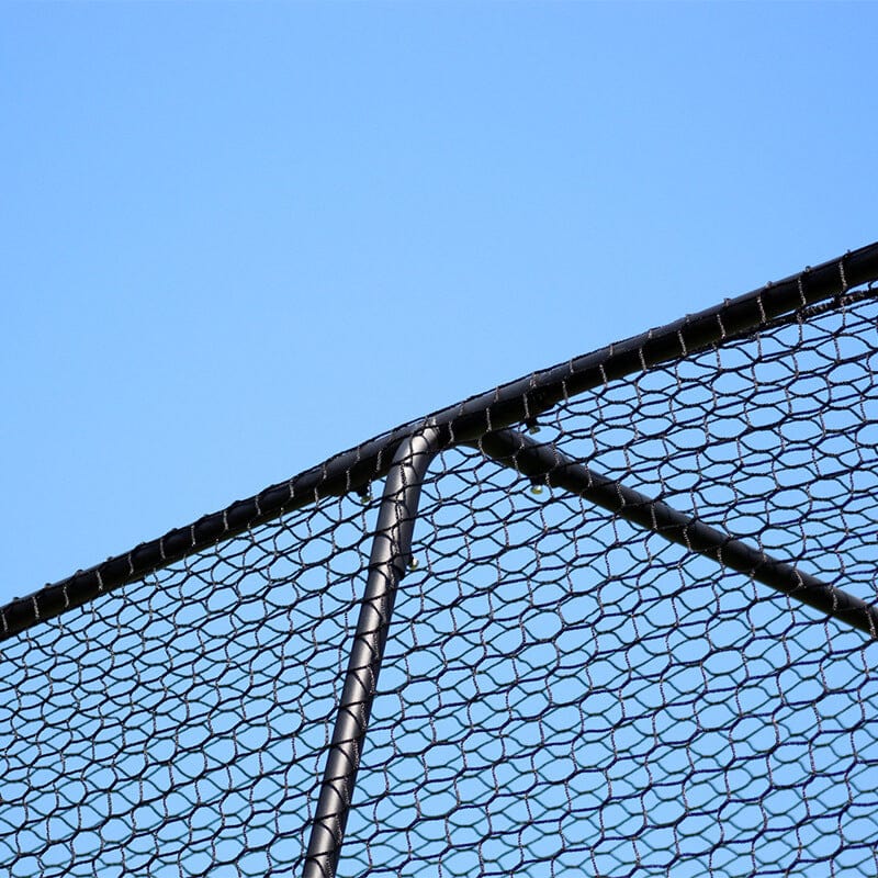 Close up of the Freestanding Trapezoid Premium Batting Cage frame 4-way fitting and net