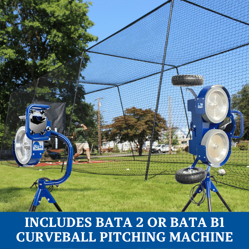 Freestanding Trapezoid Ultra Batting Cage Package with the Bata B1 Curveball and Bata 2 machine