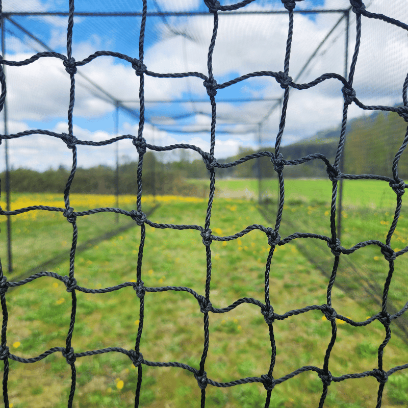 #36 HDPE batting cage netting close up with batting cage frame and green grass in background