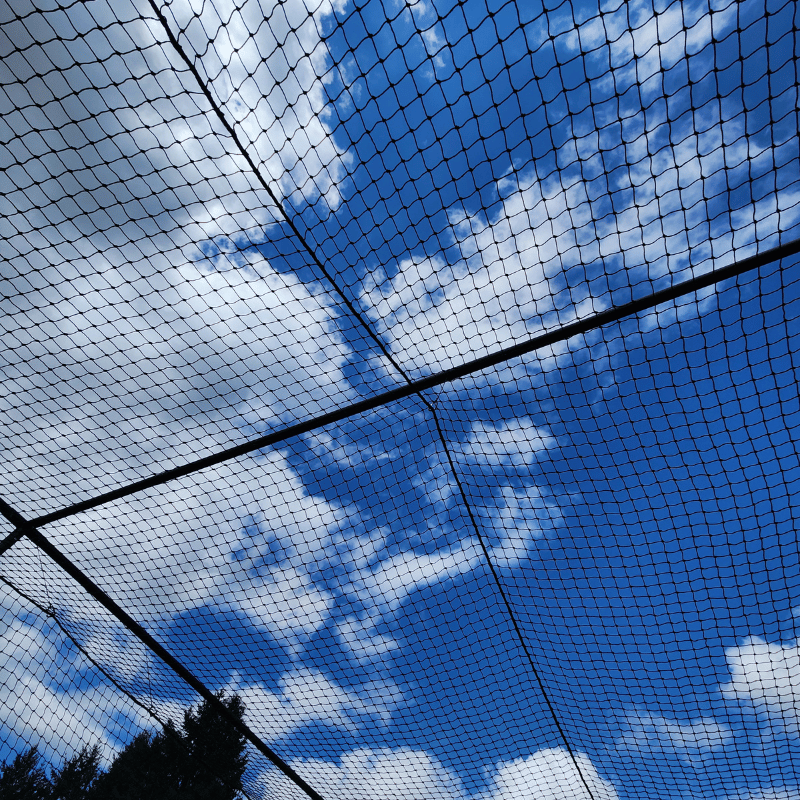 #36 HDPE batting cage netting close up with blue skys