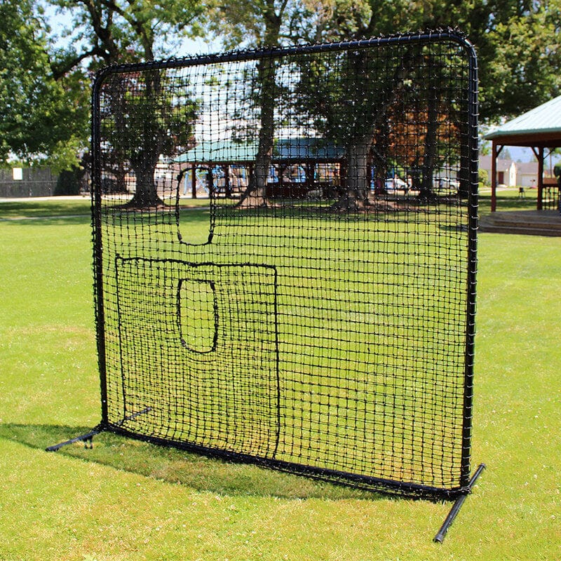 Pitching Machine Protective Square Screen by itself in a park