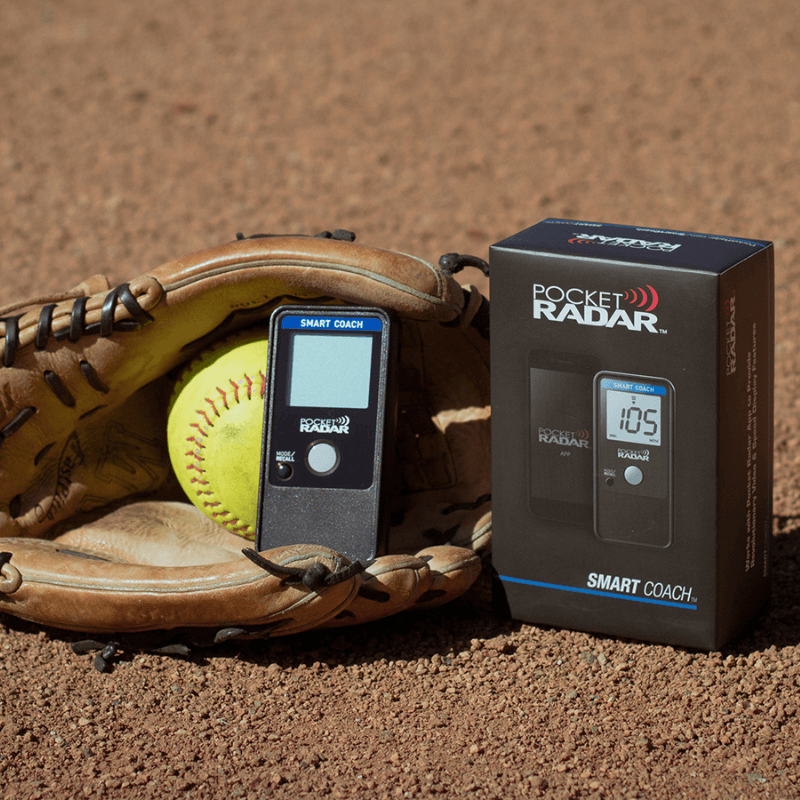 Pocket Radar Smart Coach in softball glove with box