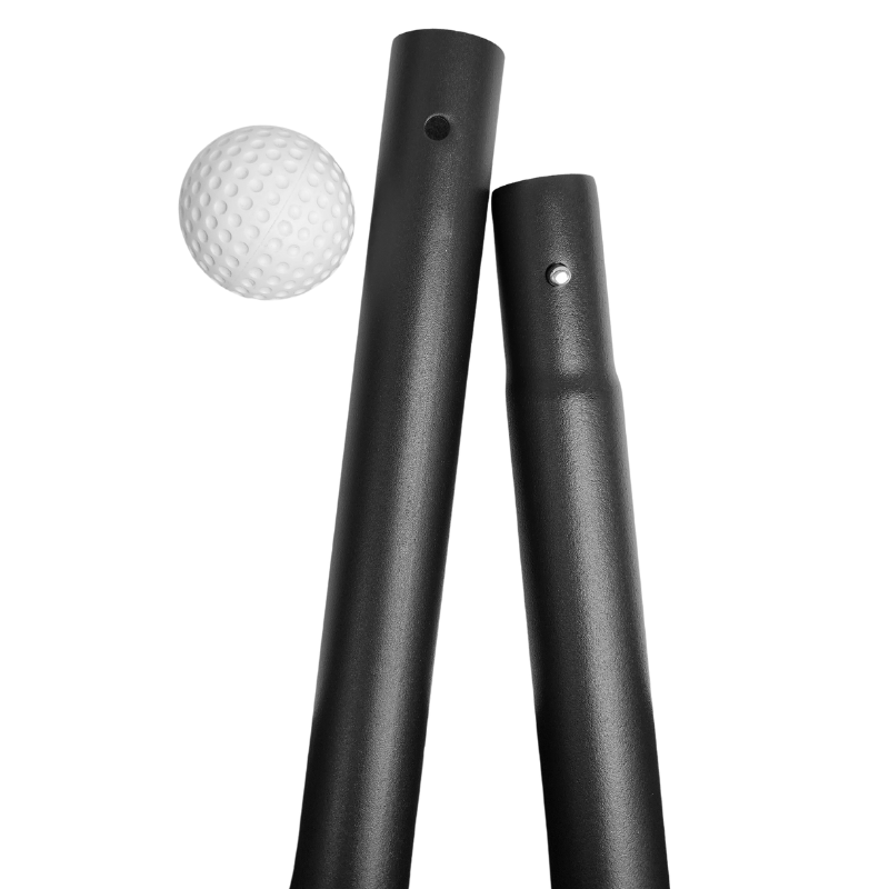 The Thumper Batting Cage Pole Kit close up with baseball