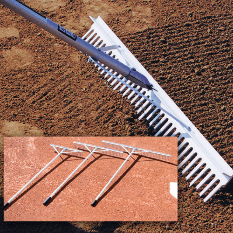 Aluminum Baseball Field Maintenance Rakes being used on the baseball infield